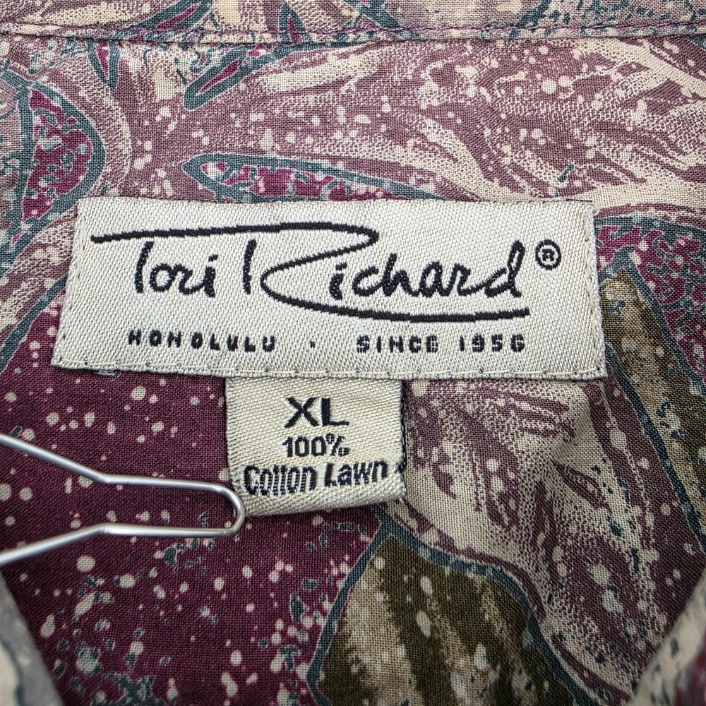 Tori Richard Cotton Lawn Tropical Leaf Shirt Mens XL Burgundy Tan Short Sleeve - Picture 4 of 6